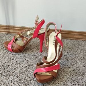 GUESS Pink and Brown Platform Strappy High Heel Sandals